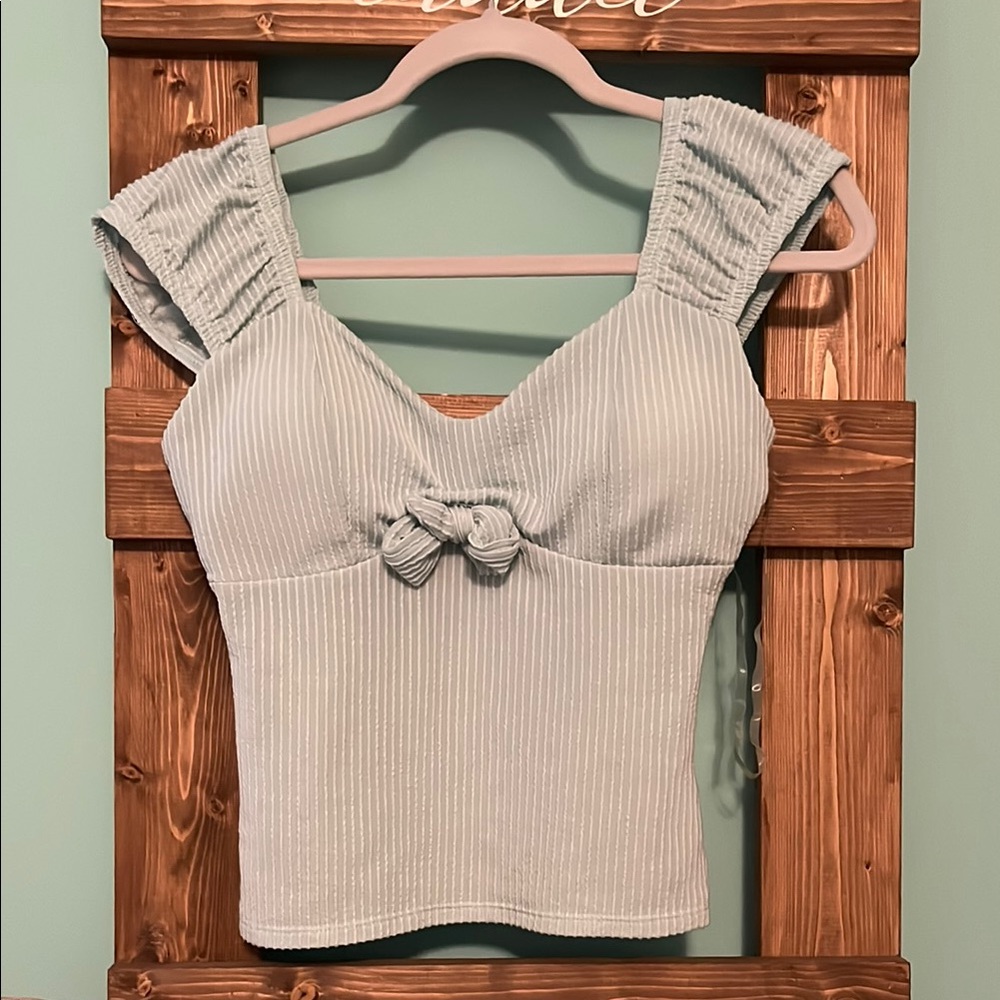 Derek Heart Teal Ribbed Tie Front Going Out Top